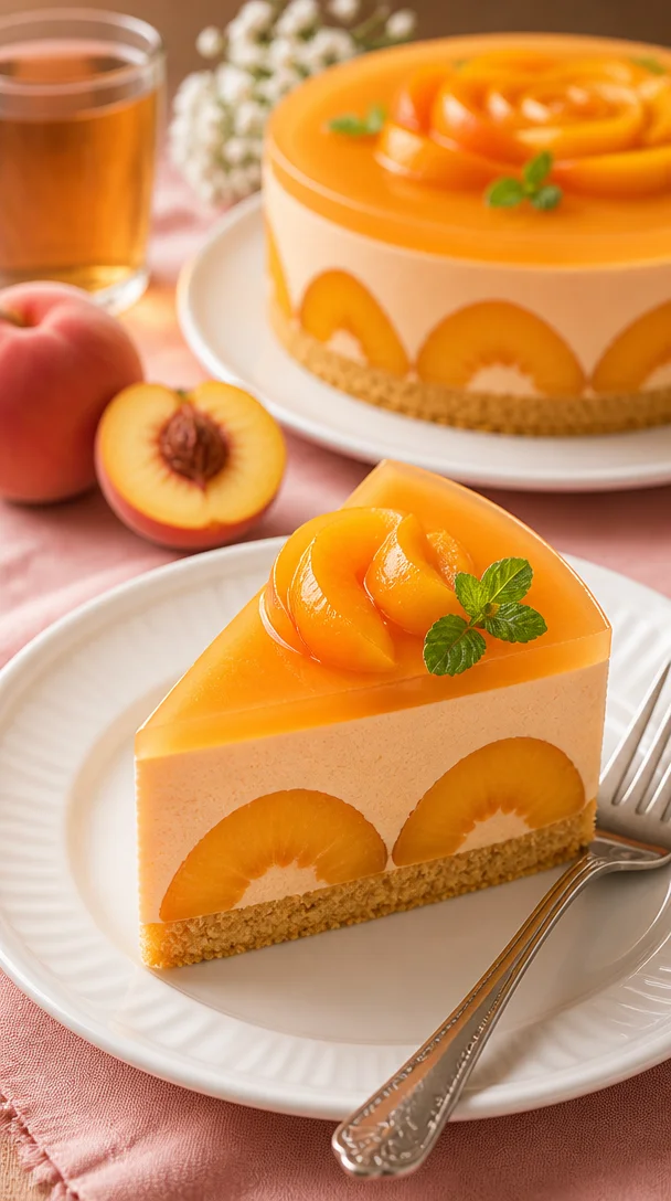 Pfirsich-Mousse-Kuchen auf einem Teller, dekoriert mit frischen Pfirsichen.