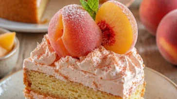 Pfirsich-Shortcake mit frischen Pfirsichen auf einem Teller