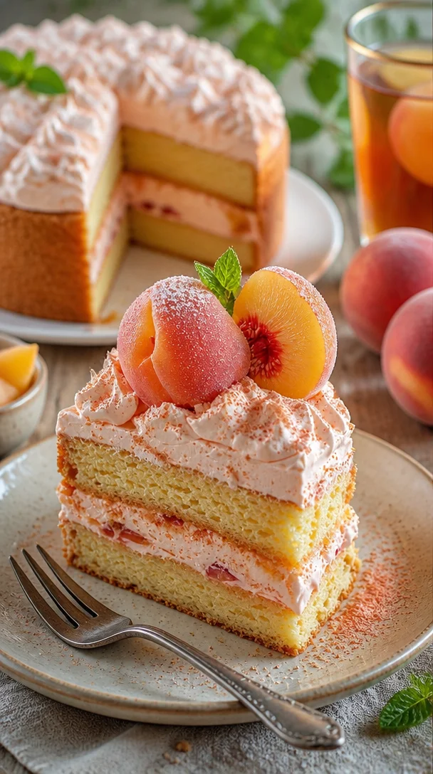 Pfirsich-Shortcake mit frischen Pfirsichen auf einem Teller