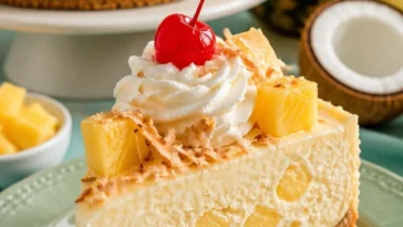 Leckerer Piña Colada Käsekuchen mit tropischen Früchten und cremigem Käse