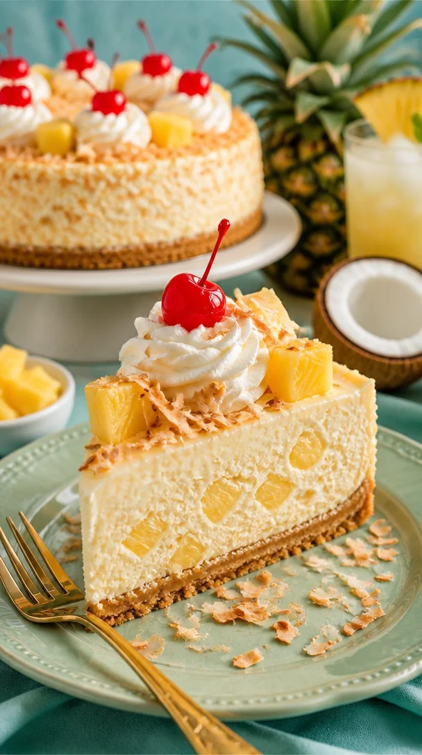 Leckerer Piña Colada Käsekuchen mit tropischen Früchten und cremigem Käse