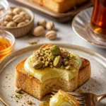 Pistazien-Cheesecake-Toastwürfel auf einem Teller