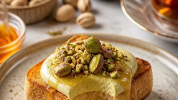 Pistazien-Cheesecake-Toastwürfel auf einem Teller