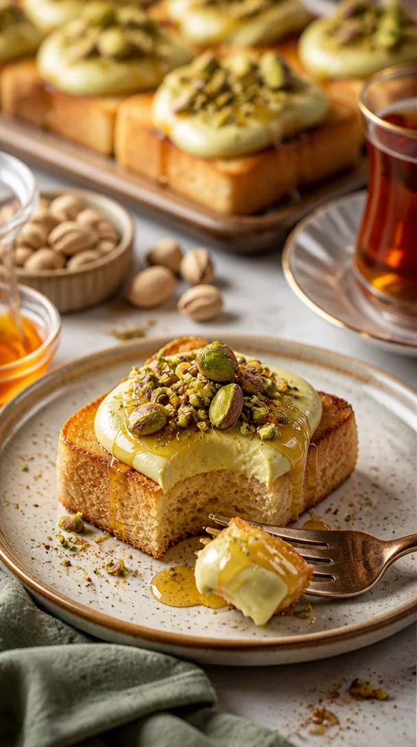 Pistazien-Cheesecake-Toastwürfel auf einem Teller