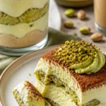 Leckeres Pistazien Tiramisu Becher Dessert in einer eleganten Präsentation.
