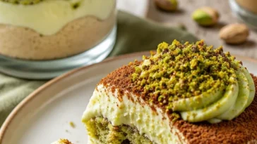 Leckeres Pistazien Tiramisu Becher Dessert in einer eleganten Präsentation.