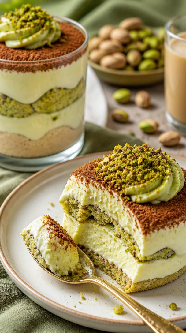 Leckeres Pistazien Tiramisu Becher Dessert in einer eleganten Präsentation.