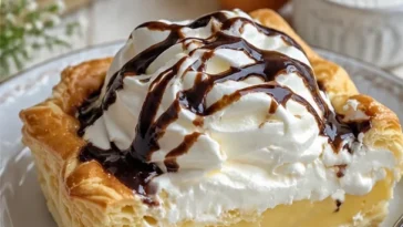 Profiteroles mit Vanillepudding und Schokoladensauce auf einem Teller