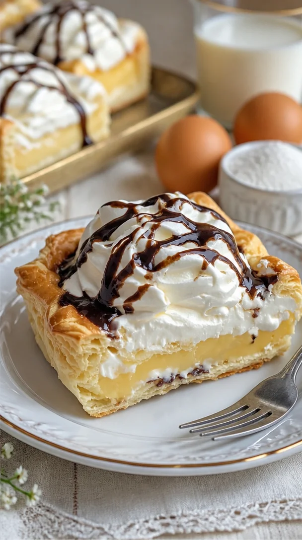 Profiteroles mit Vanillepudding und Schokoladensauce auf einem Teller