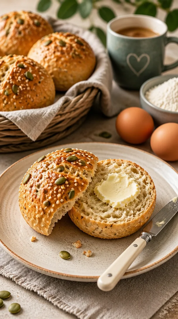 Leckere Quarkbrötchen ohne Hefe auf einem Teller.