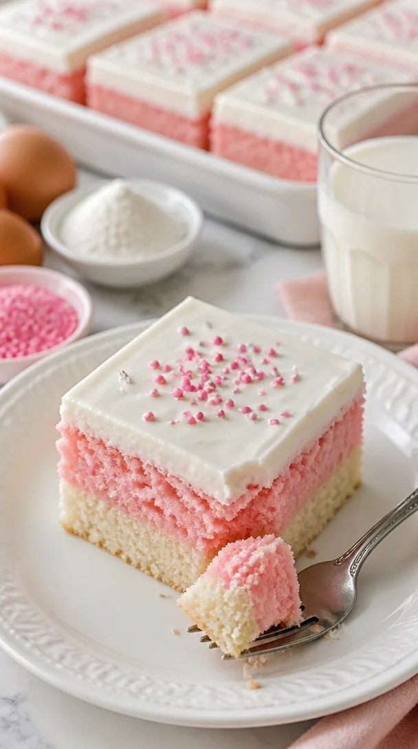 Rosa Vanillekuchenwürfel auf einem Teller, dekoriert mit Sahne