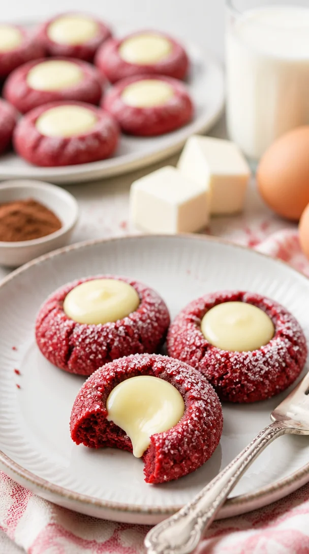 Rote Samt-Kekse auf einem Teller, perfekt für festliche Anlässe.