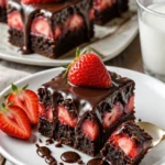 Saftige Schokoladen-Erdbeer-Brownies auf einem Teller garniert mit frischen Erdbeeren
