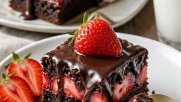 Saftige Schokoladen-Erdbeer-Brownies auf einem Teller garniert mit frischen Erdbeeren