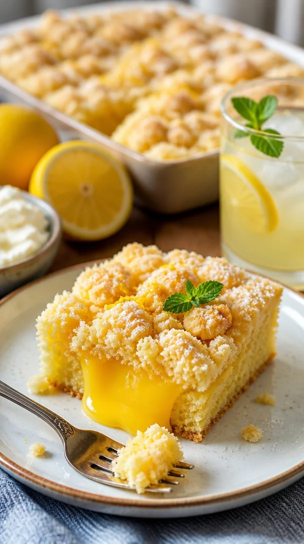 Säuerlicher Zitronen-Frischkäse-Dumpkuchen auf einem Teller