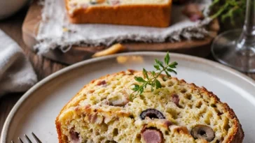 Schinken Brot mit Oliven und Käse auf einem Holzbrett angerichtet