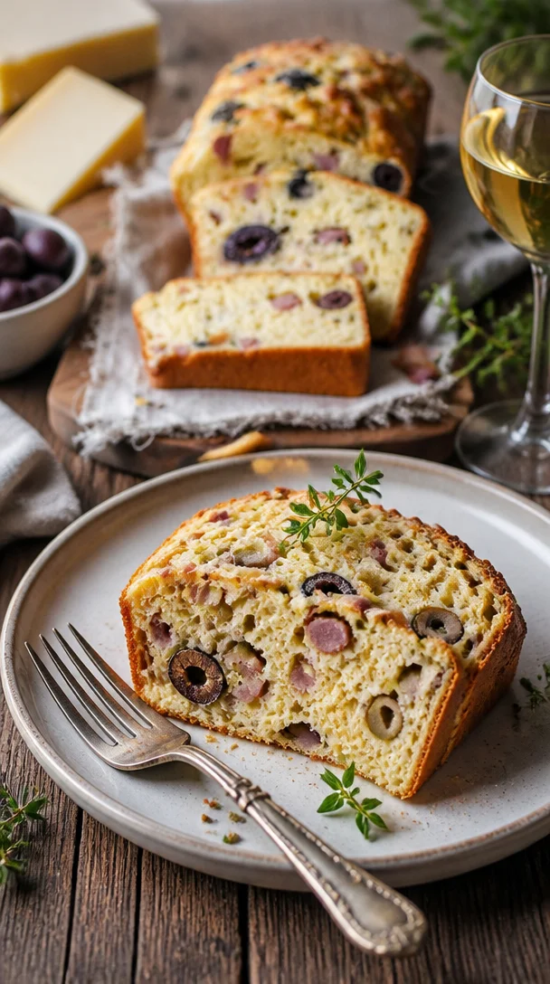 Schinken Brot mit Oliven und Käse auf einem Holzbrett angerichtet