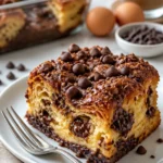 Schokoladen-Croissant-Frühstücksauflauf mit geschmolzener Schokolade und frischen Zutaten