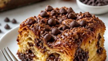 Schokoladen-Croissant-Frühstücksauflauf mit geschmolzener Schokolade und frischen Zutaten