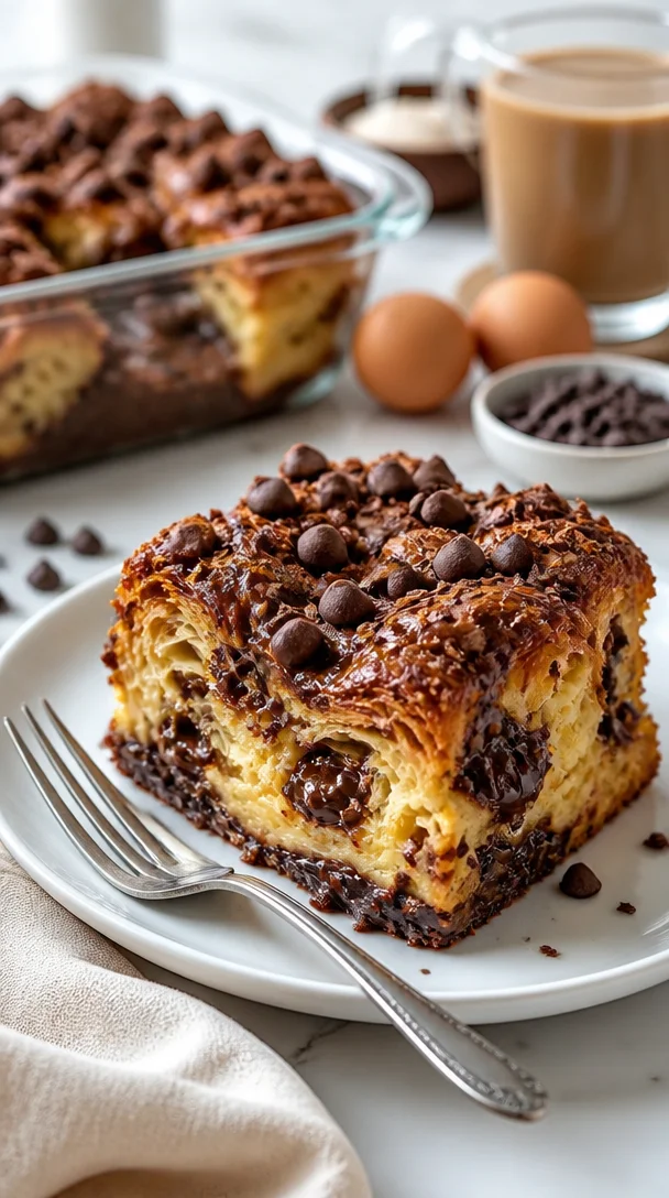 Schokoladen-Croissant-Frühstücksauflauf mit geschmolzener Schokolade und frischen Zutaten