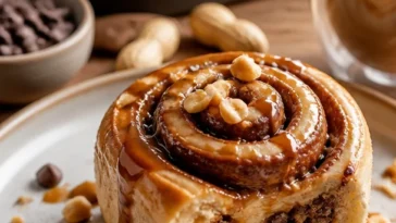 Schokoladen-Erdnussbutter Süßbrötchen frisch gebacken und dekoriert