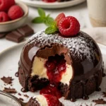 Schokoladen-Himbeerkäsekuchen-Dome auf einem Teller mit Himbeeren garniert.