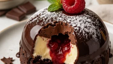 Schokoladen-Himbeerkäsekuchen-Dome auf einem Teller mit Himbeeren garniert.