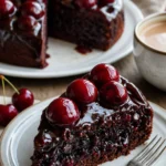 Schokoladen-Kirsch-Upside-Down-Kuchen auf einem Teller serviert