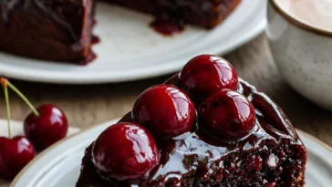 Schokoladen-Kirsch-Upside-Down-Kuchen auf einem Teller serviert