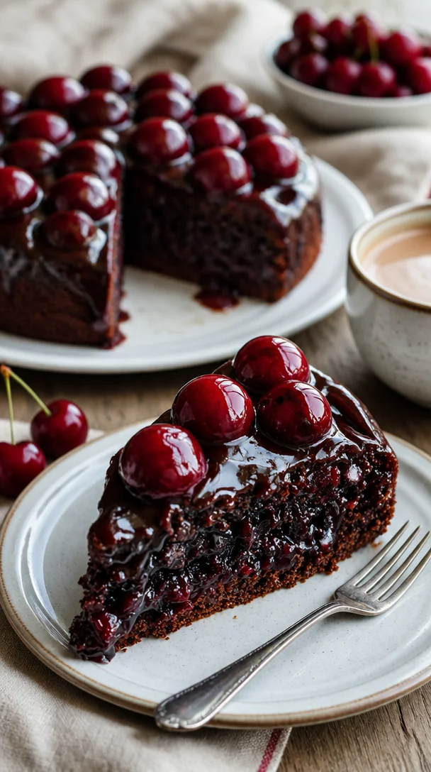 Schokoladen-Kirsch-Upside-Down-Kuchen auf einem Teller serviert