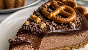 Schokoladen-Malz-Tarte mit Brezelkruste auf einem Teller serviert