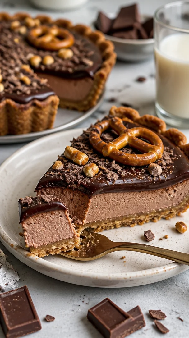 Schokoladen-Malz-Tarte mit Brezelkruste auf einem Teller serviert