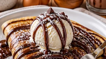 Schokoladenglasierte Crêpes mit frischen Früchten und Schokoladensoße