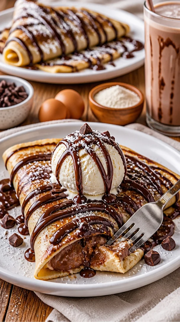 Schokoladenglasierte Crêpes mit frischen Früchten und Schokoladensoße