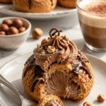 Schokoladenprofiteroles - gefüllte Schokoladenbällchen auf einem Teller