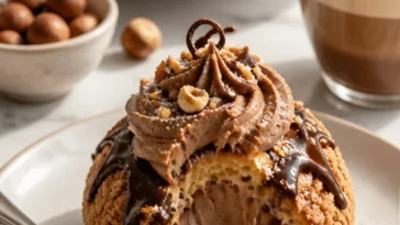 Schokoladenprofiteroles - gefüllte Schokoladenbällchen auf einem Teller