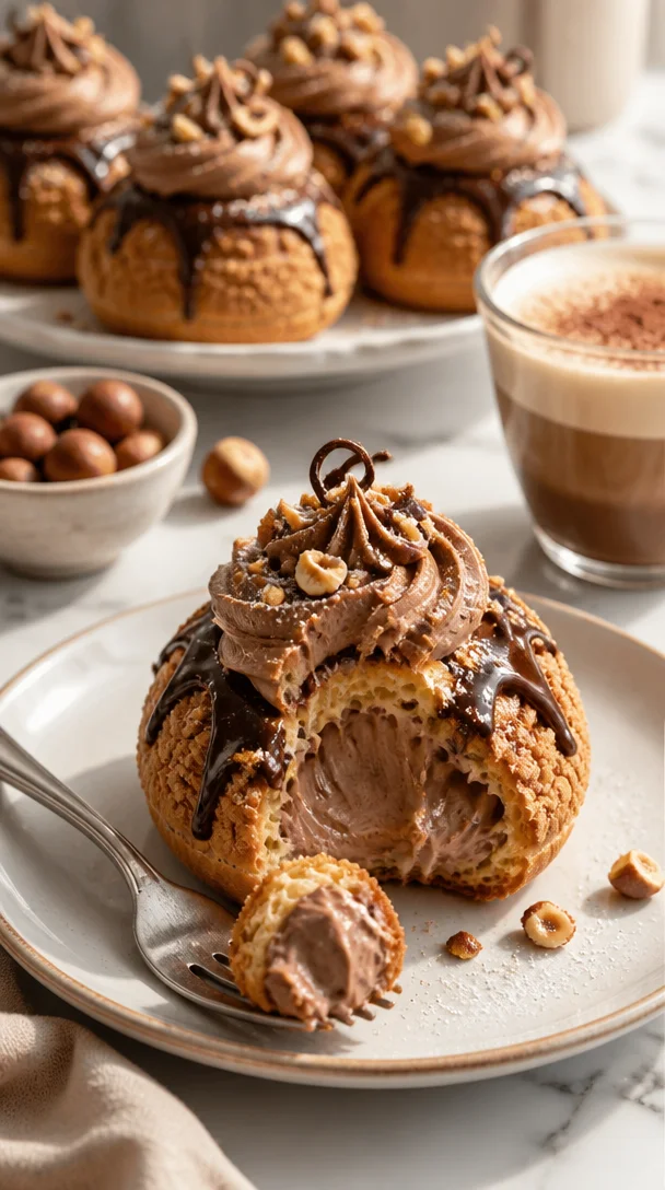Schokoladenprofiteroles - gefüllte Schokoladenbällchen auf einem Teller