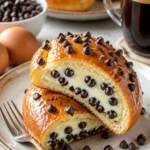 Schokoladenstückchen-Vanillepudding-Brioche auf einem Teller serviert