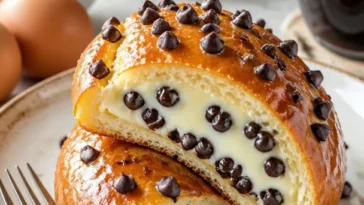 Schokoladenstückchen-Vanillepudding-Brioche auf einem Teller serviert