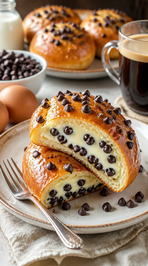 Schokoladenstückchen-Vanillepudding-Brioche auf einem Teller serviert