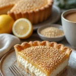 Schwarzes Sesam-Tart mit dekorativen Zutaten auf einem Teller