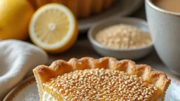 Schwarzes Sesam-Tart mit dekorativen Zutaten auf einem Teller
