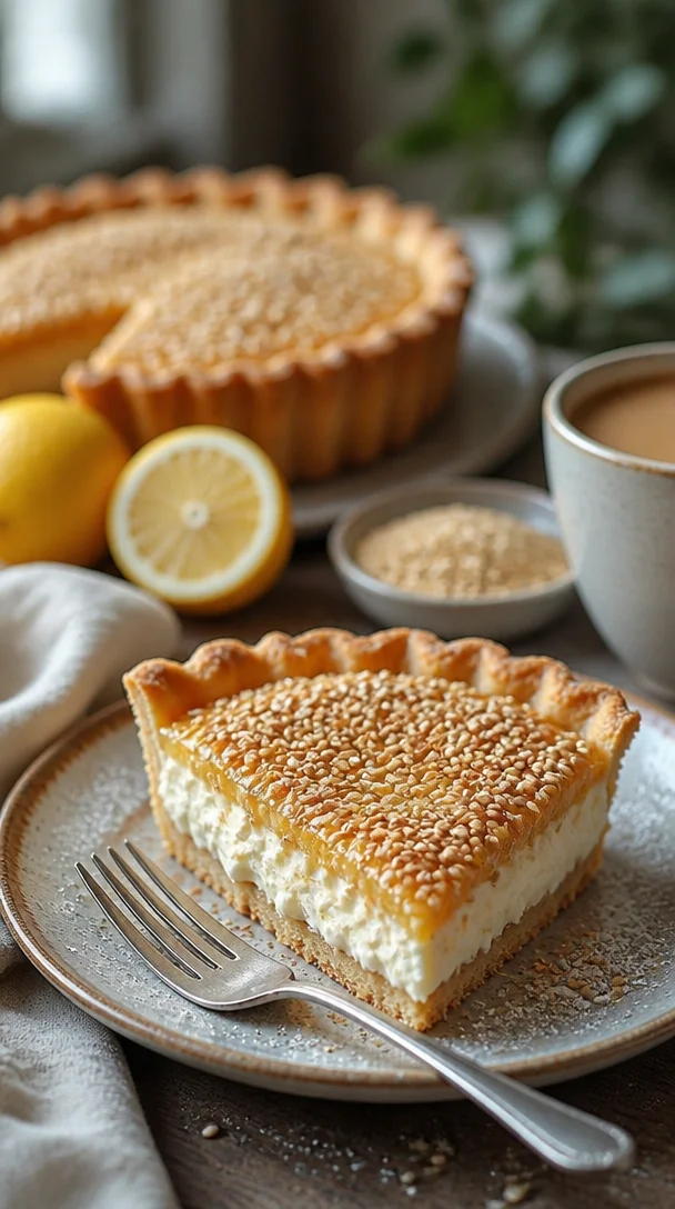Schwarzes Sesam-Tart mit dekorativen Zutaten auf einem Teller