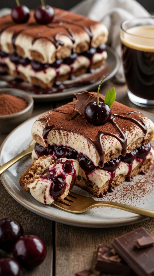Deliziertes Schwarzwälder Tiramisu mit Schokolade und Kirschen