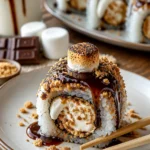 S'mores Sushi-Rollen mit Schokolade, Marshmallows und Keksen dekoriert