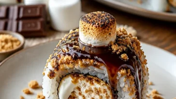 S'mores Sushi-Rollen mit Schokolade, Marshmallows und Keksen dekoriert