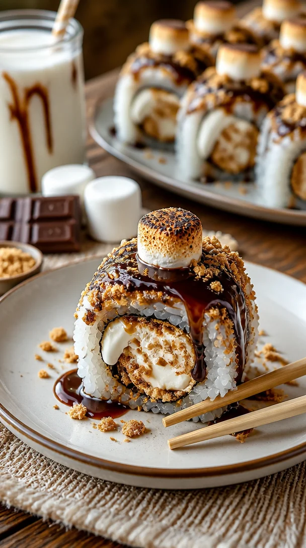 S'mores Sushi-Rollen mit Schokolade, Marshmallows und Keksen dekoriert