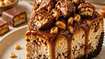Unser köstlicher Snickers-Käsekuchen mit Schokolade und Karamell