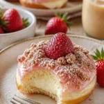 Süße gefüllte Donuts mit saftigen Erdbeeren dekoriert.