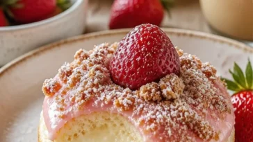 Süße gefüllte Donuts mit saftigen Erdbeeren dekoriert.